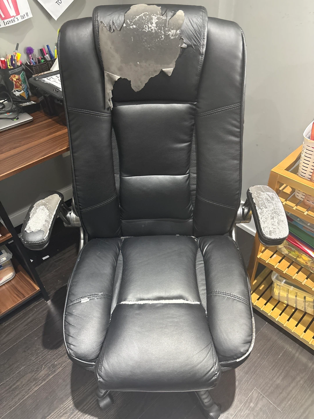 Black Faux Leather Office Chair - Heavily Worn