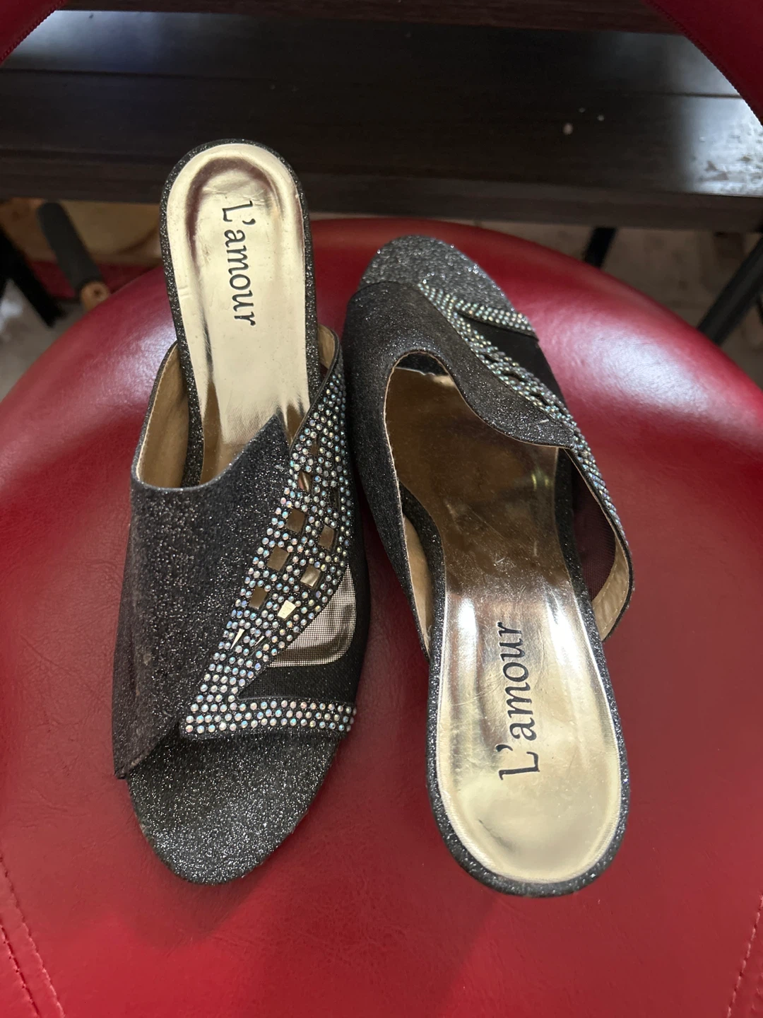 L'amour Black Glitter Mules Size 39