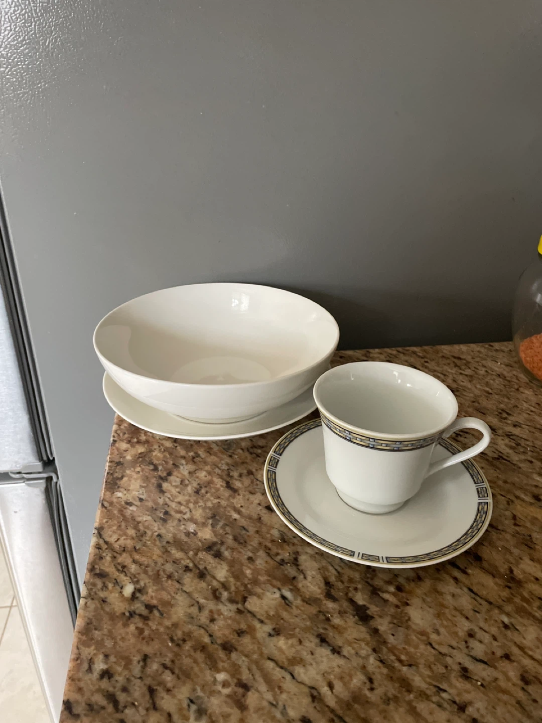 White Ceramic Bowl/plate and Cup with Saucer Set
