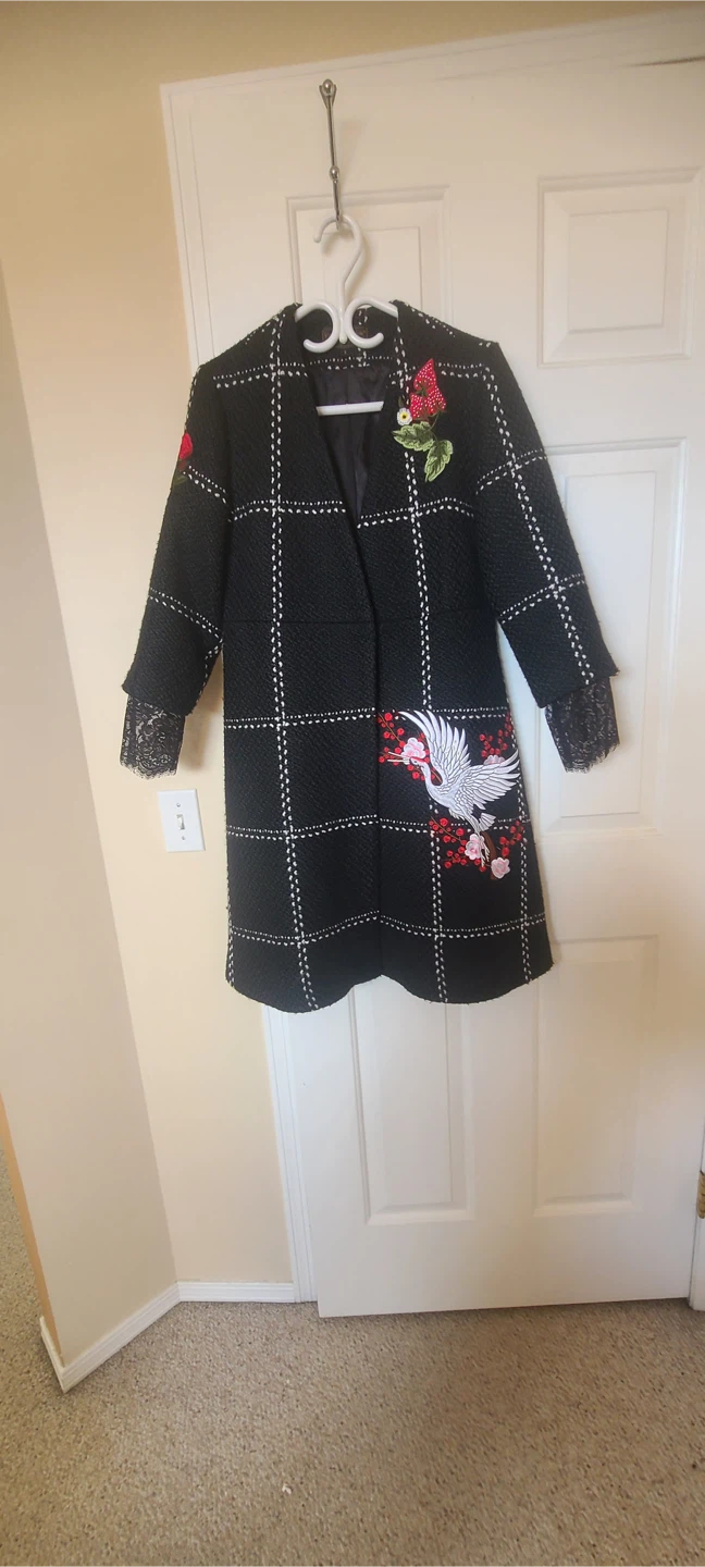 Black and White Tweed Coat with Crane Embroidery - photo 2