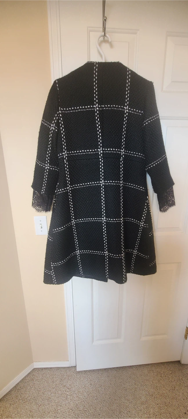 Black and White Tweed Coat with Crane Embroidery