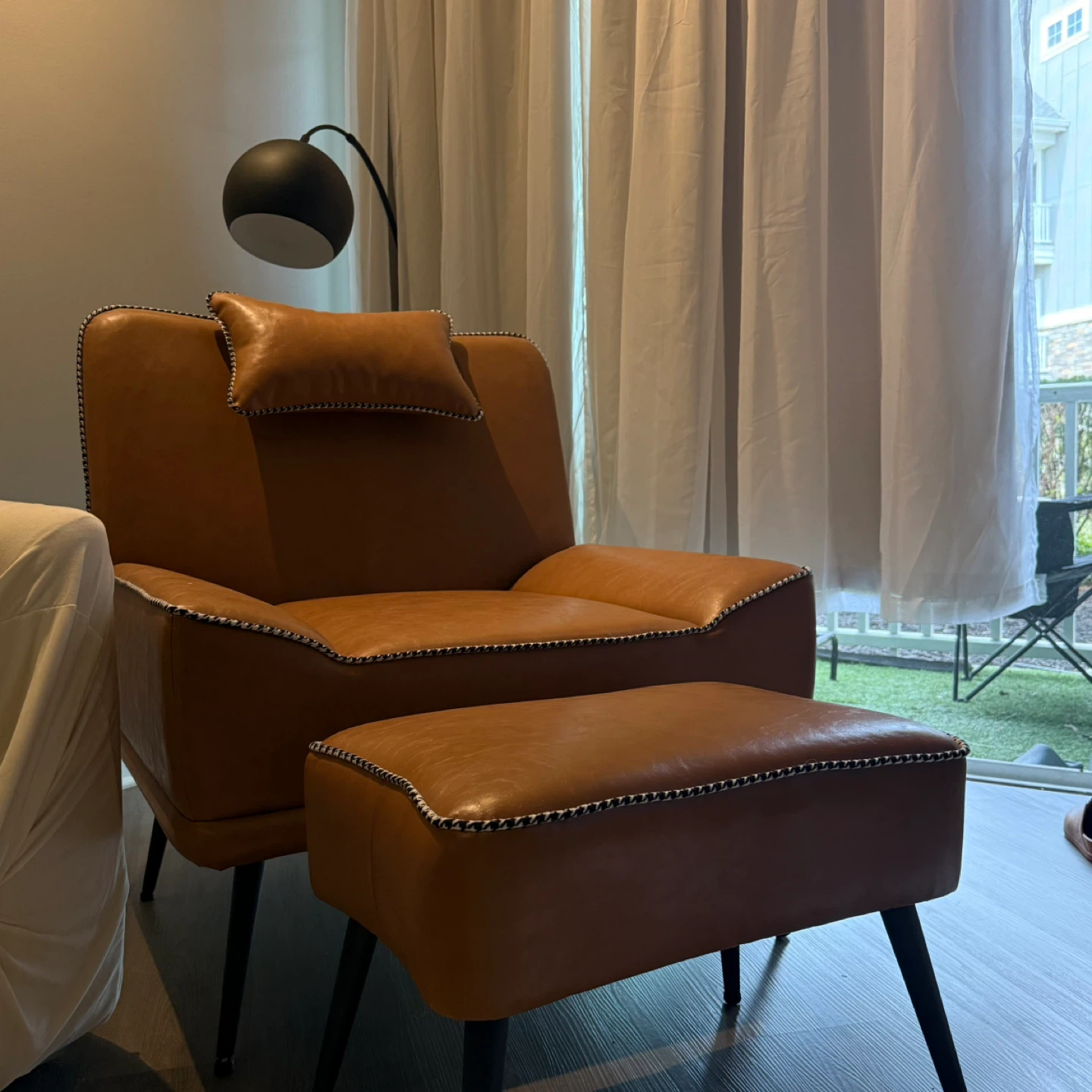 Tan Leather Chair with Contrast Trim (Ottoman Included) 🌿