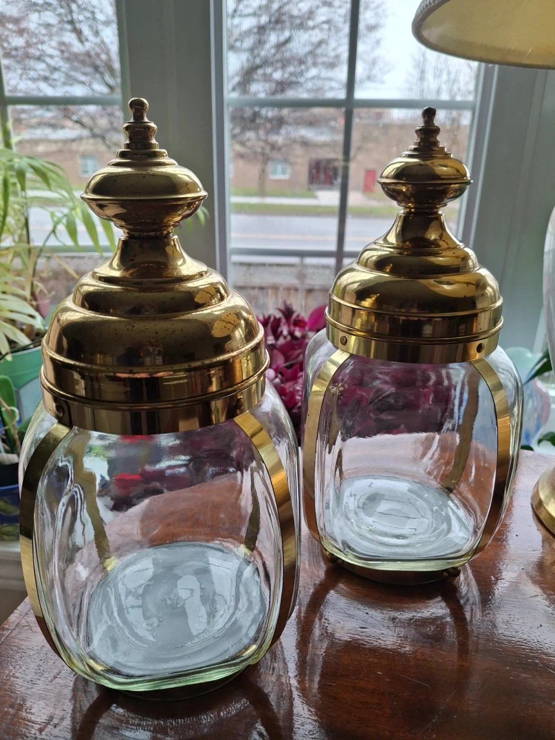 Pair of vintage glass & brass jars (priced per item)