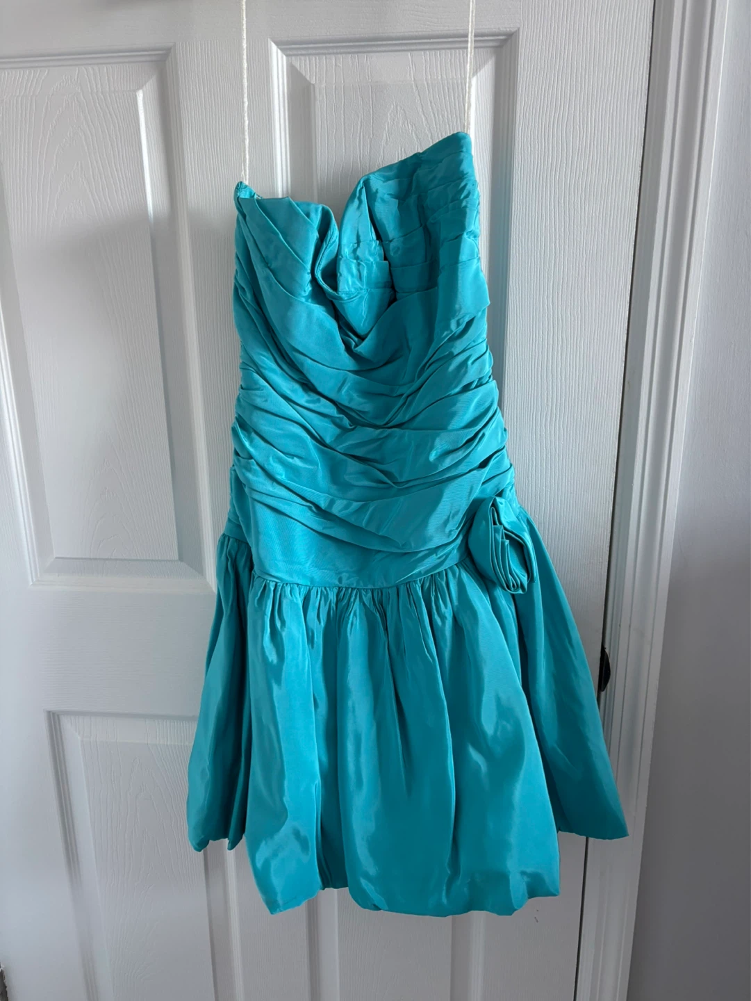 Strapless Ruched Aqua Blue Mini Dress with Bow Detail