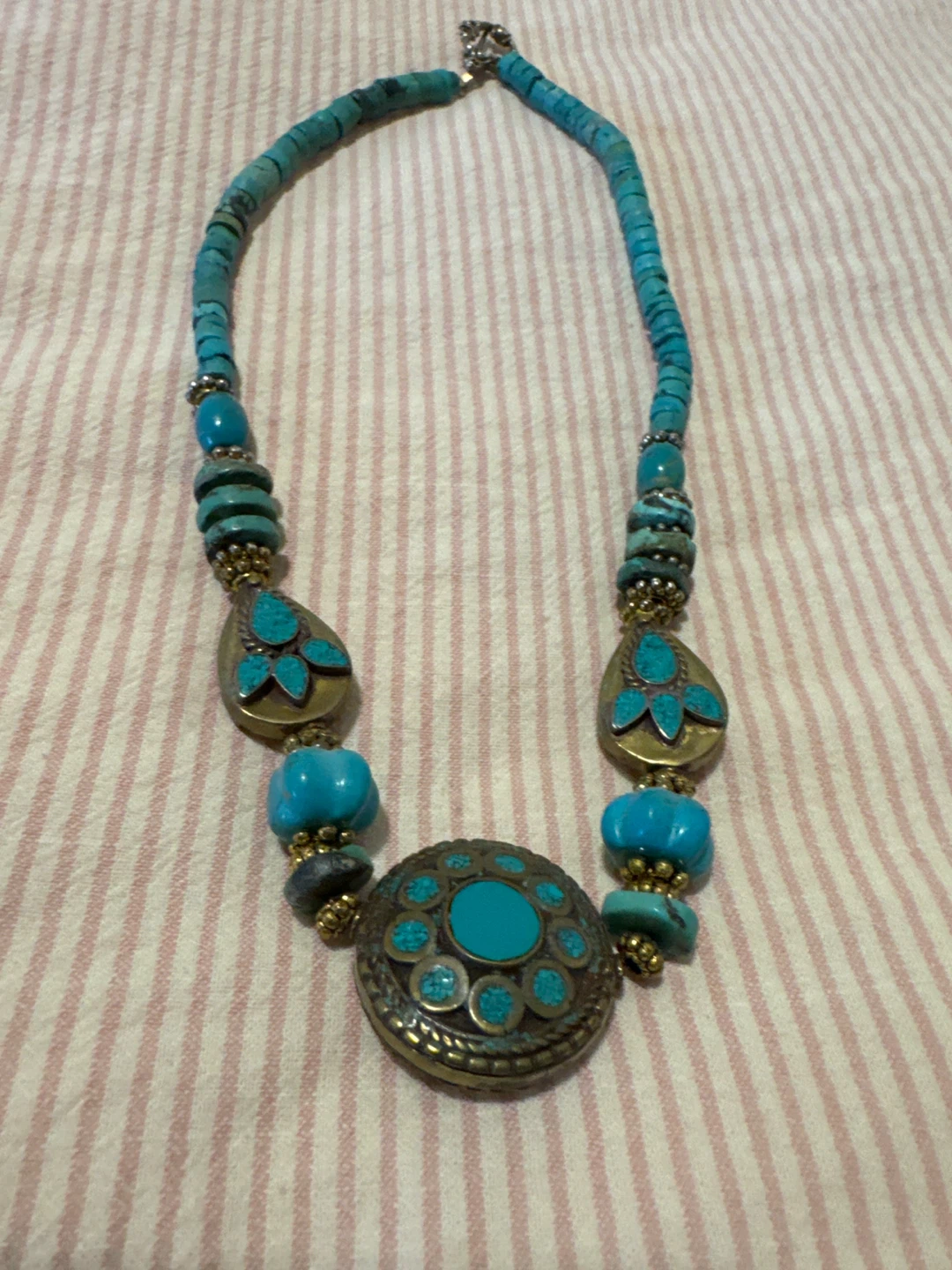 Turquoise Beaded Necklace with Brass Accents