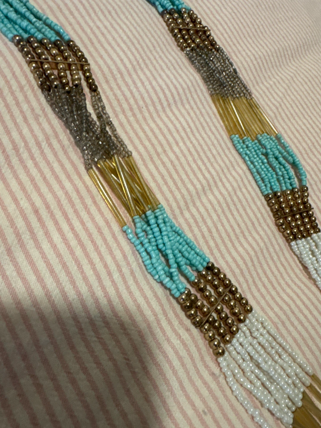 Beaded Necklace with Turquoise, Gold, White, and Grey Beads - photo 2