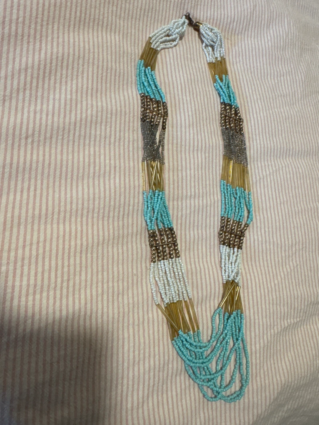 Beaded Necklace with Turquoise, Gold, White, and Grey Beads