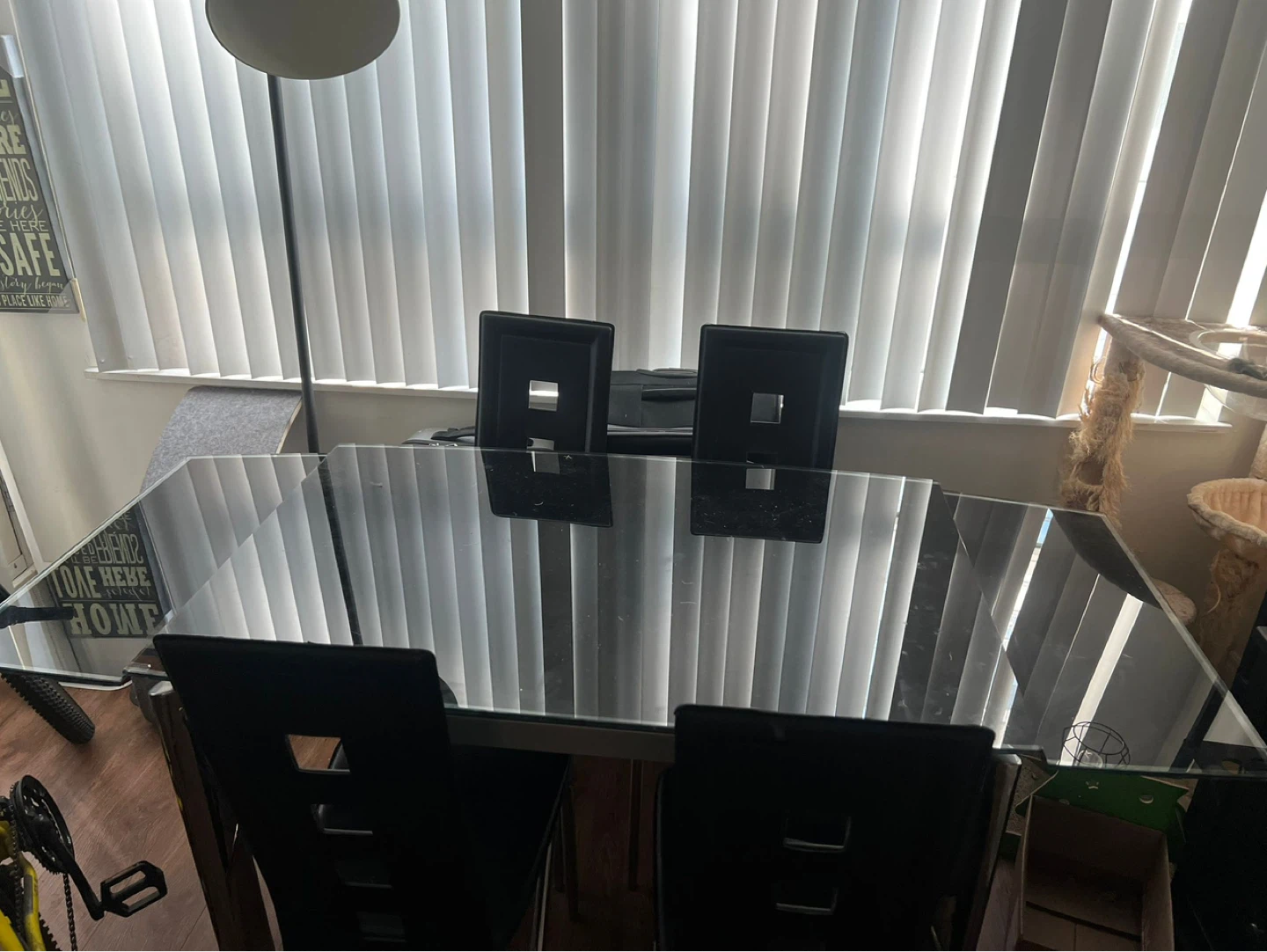 Glass Dining Table and 4 Black Chairs