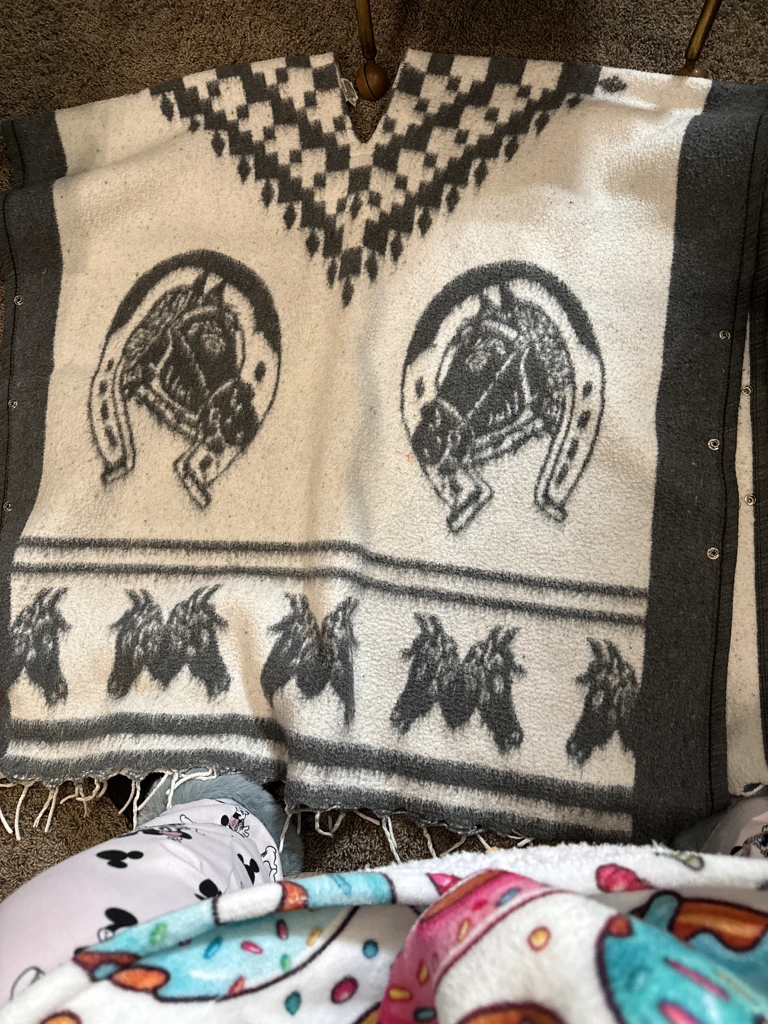 Fuzzy Blanket Poncho - Horse & Horseshoe Design