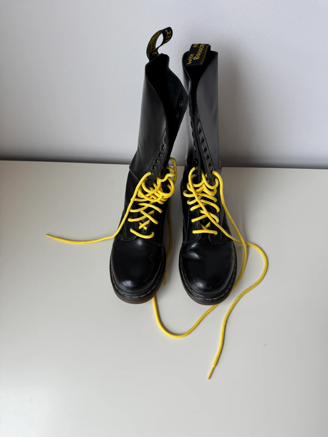 Dr. Martens Black Leather 14-Eye Boots with Yellow Laces - photo 2