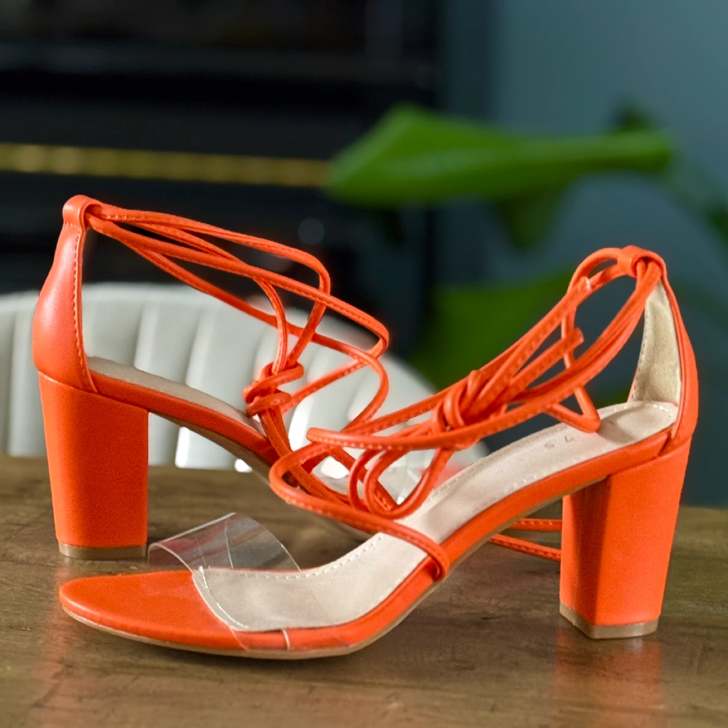 Orange Lace-Up Block Heel Sandals with Clear Straps - photo 3