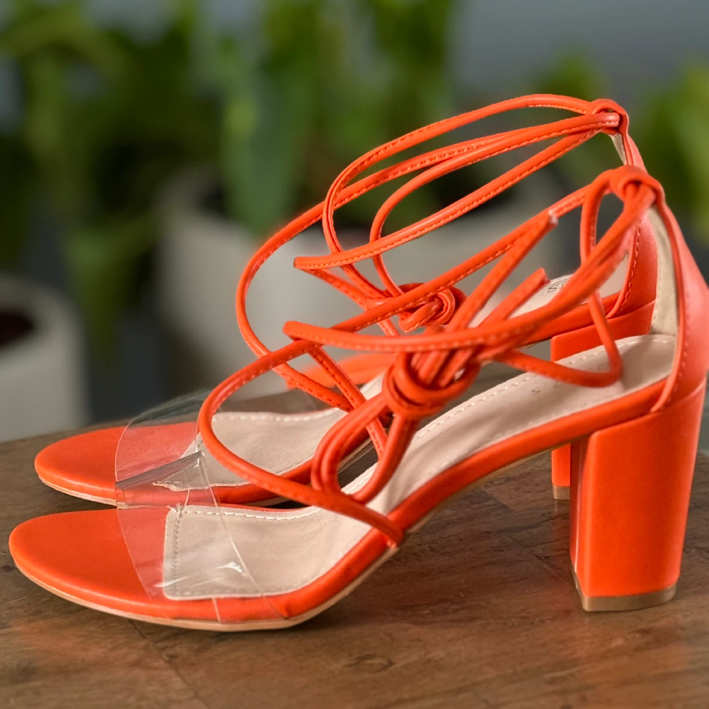 Orange Lace-Up Block Heel Sandals with Clear Straps - photo 2