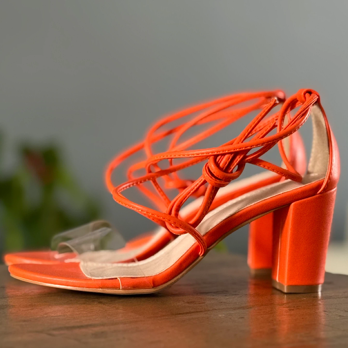 Orange Lace-Up Block Heel Sandals with Clear Straps