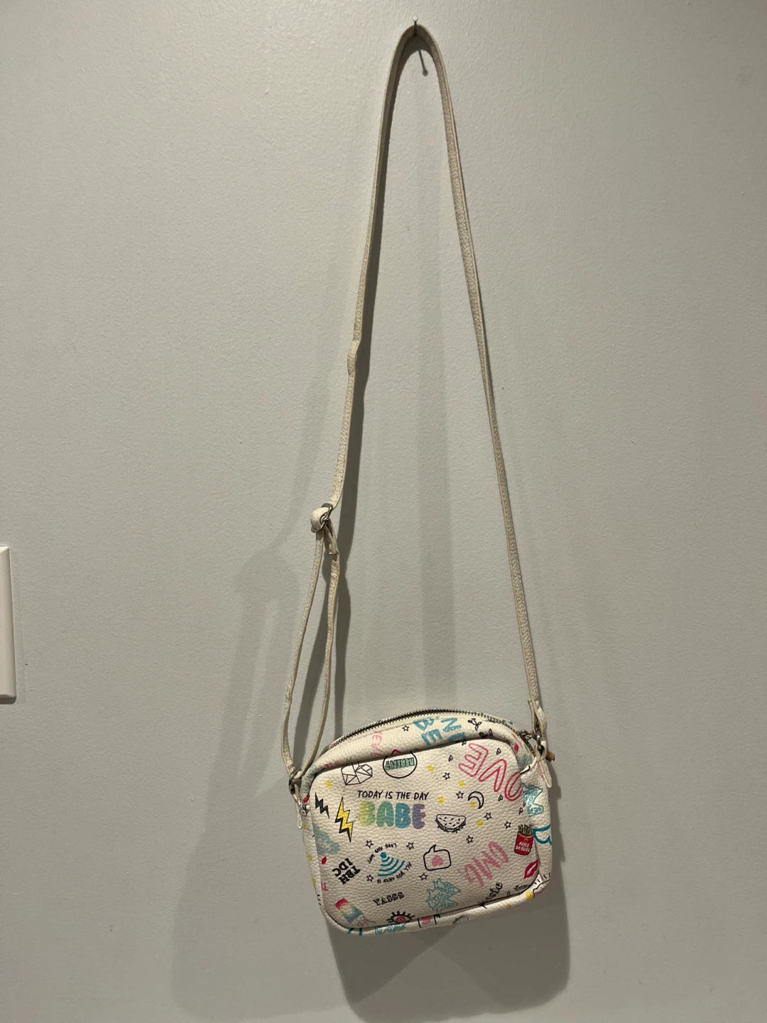 White Crossbody Bag with Graffiti Style Print