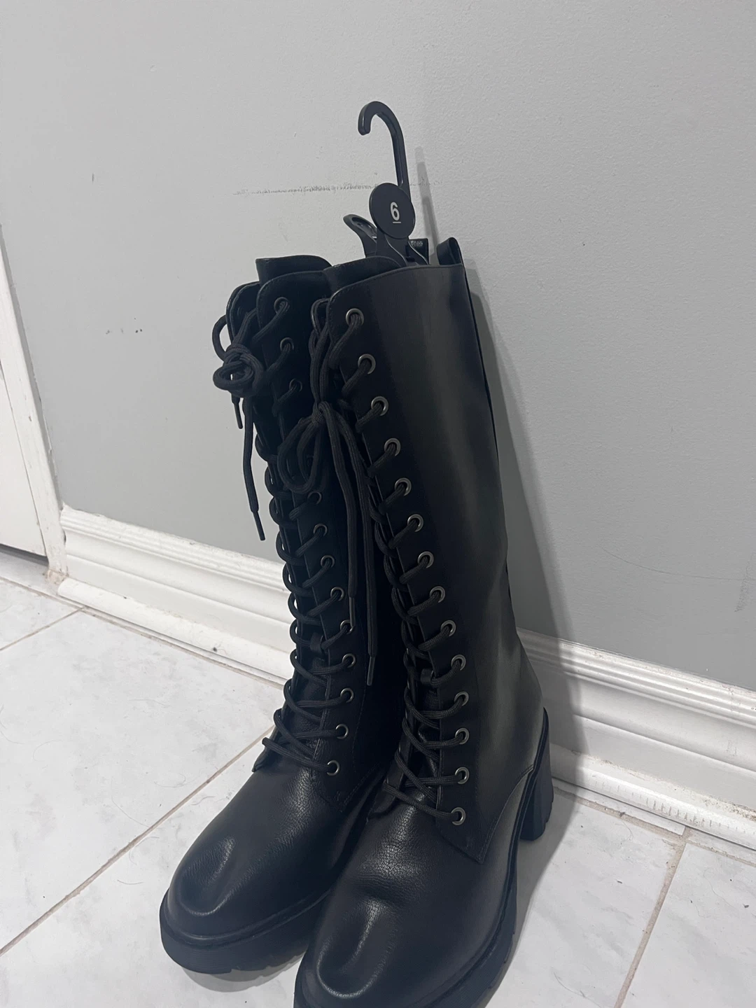 Black Lace-Up Knee-High Boots - Size 6