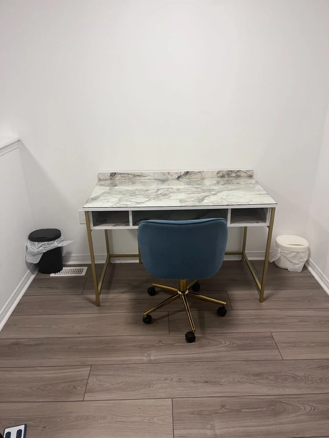 Modern Marble Desk + Blue Velvet Office Chair