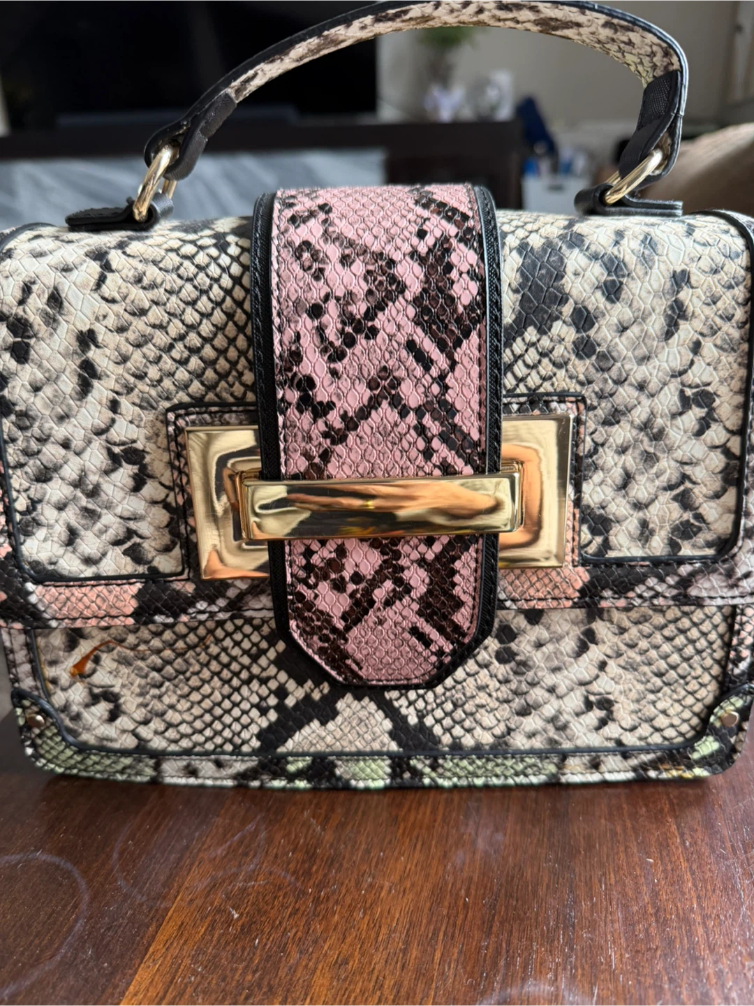 Snakeskin Print Handbag with Gold Hardware