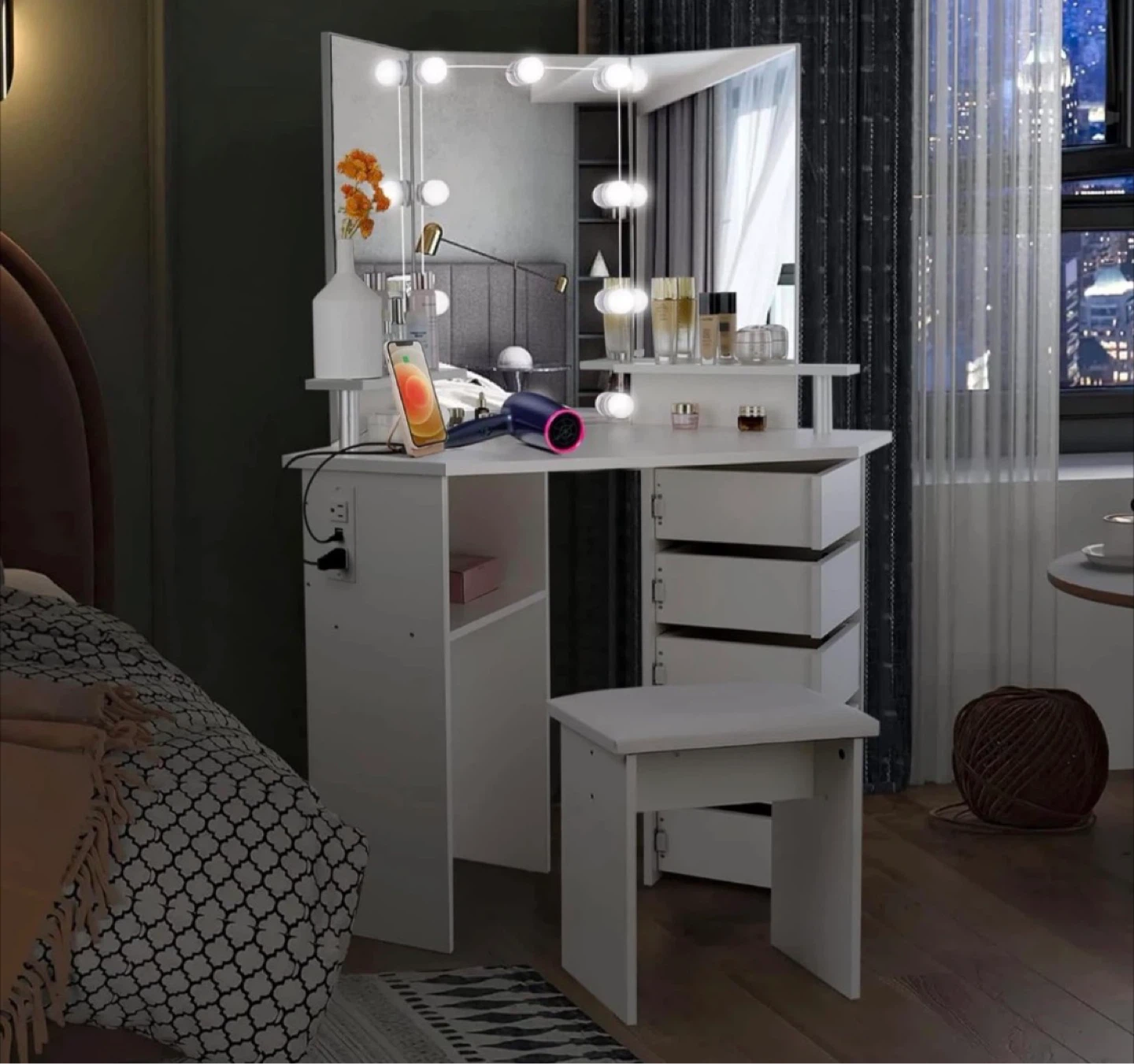 Vowner White Corner Vanity Dressing Lighted Mirror and Stool