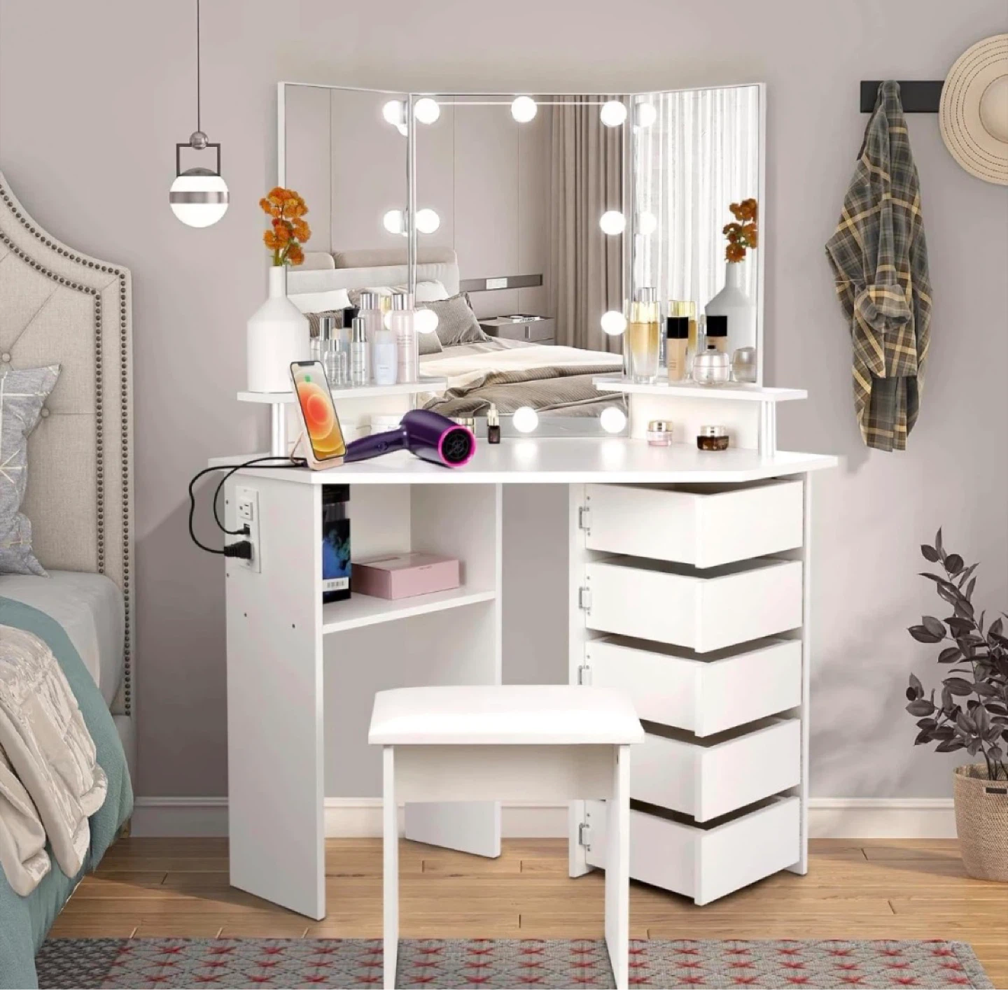 Vowner White Corner Vanity Dressing Lighted Mirror and Stool - photo 4