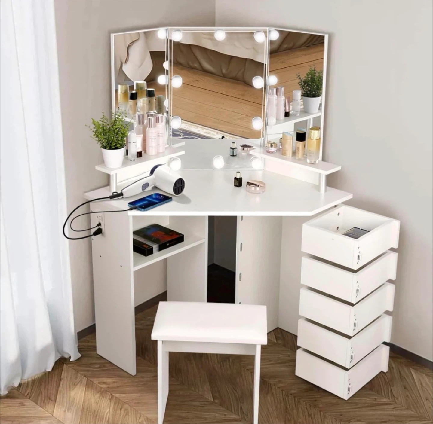Vowner White Corner Vanity Dressing Lighted Mirror and Stool - photo 5