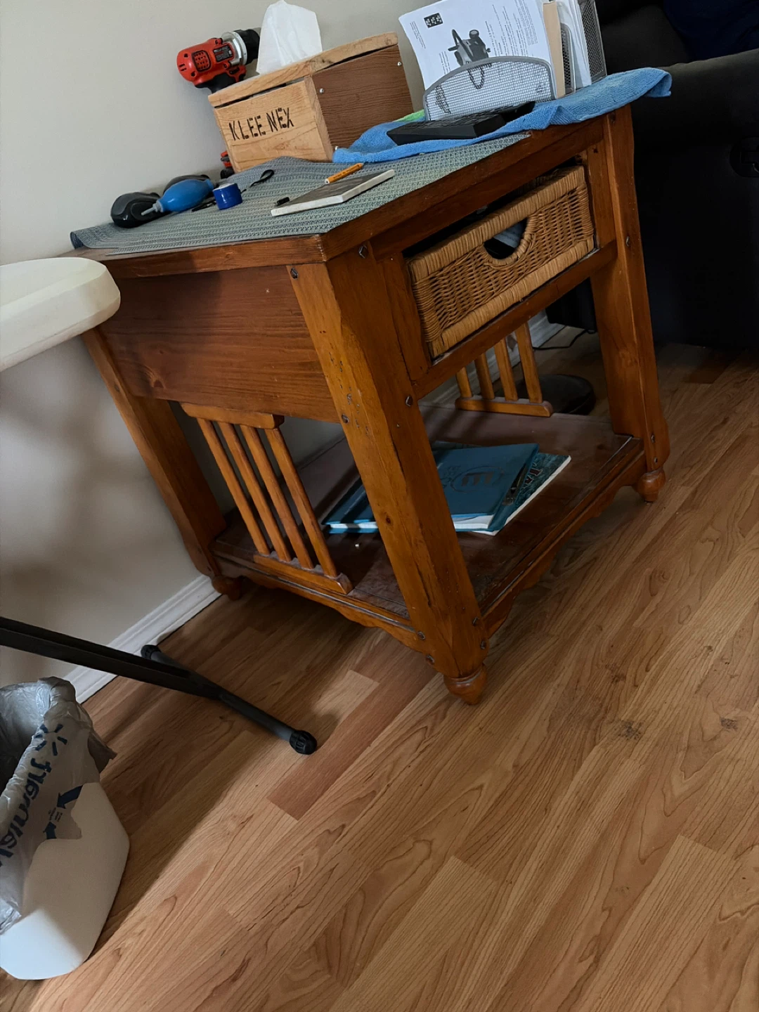 Wooden End Table with Wicker Drawer