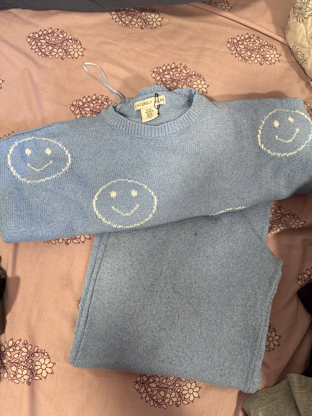 Sincerely Jules Light Blue Smiley Face Sweater