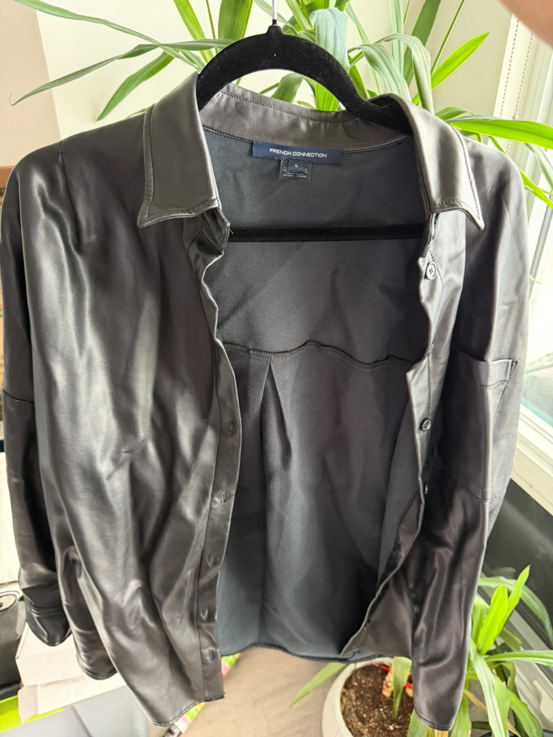 French Connection Black Faux Leather Shirt - Size L