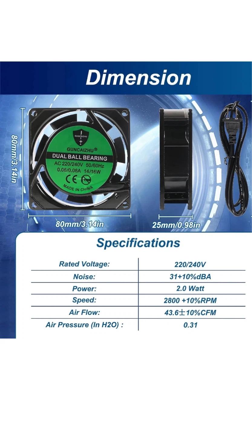 GUNCAIZHU Dual Ball Bearing Fan AC 220-240V 80mm