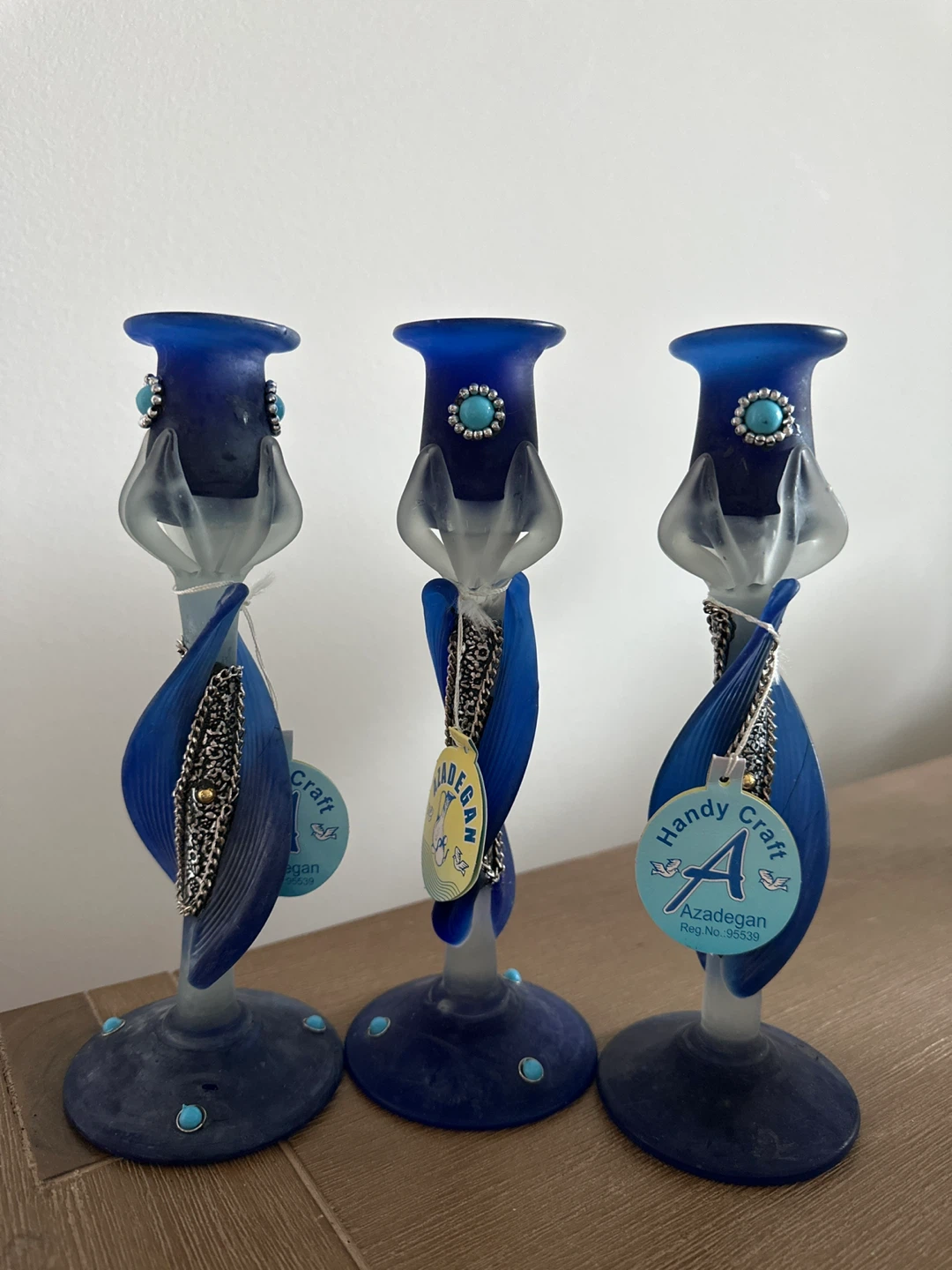 Set of 4 Blue Glass Candle Holders