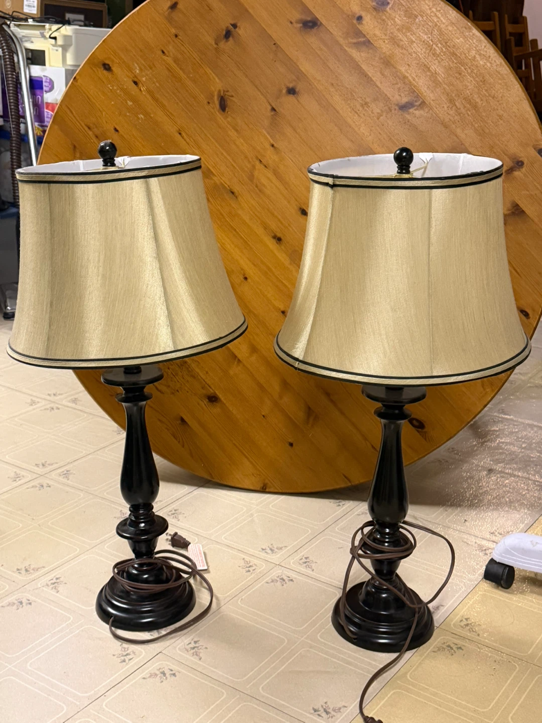 Pair of Black Table Lamps with Beige Shades