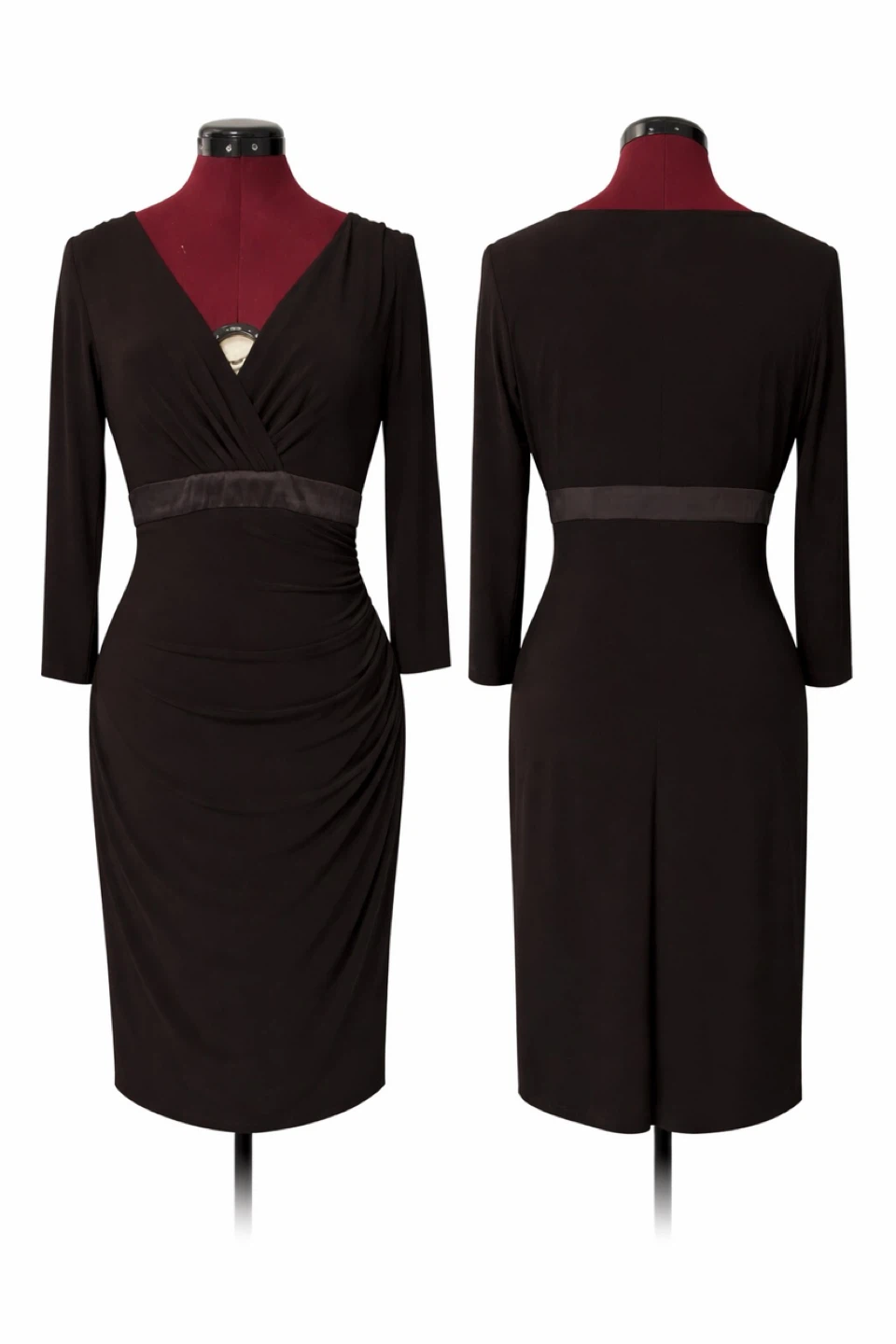 Women's Brown V-Neck Ruched Midi Dress