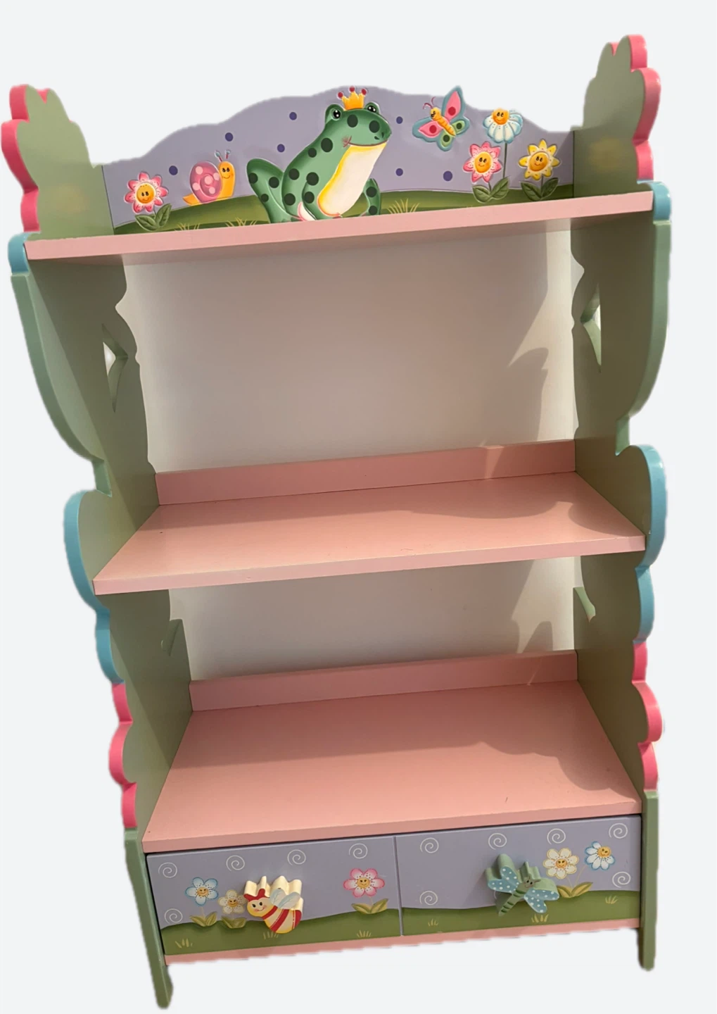 Kids' Wooden Shelf with Frogs, Butterflies, and Flowers