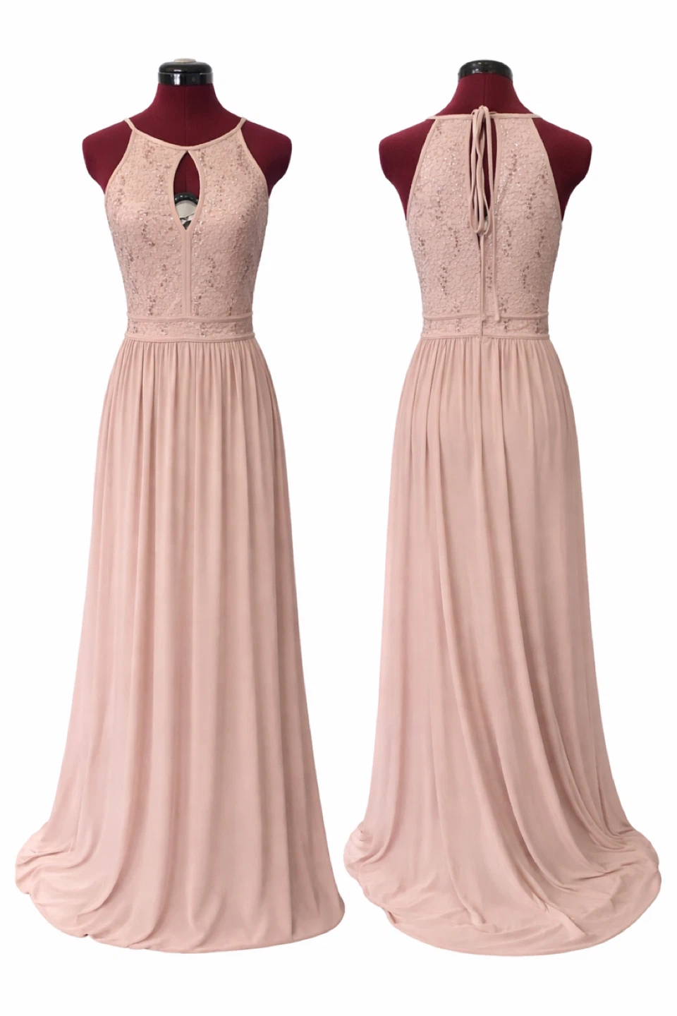 Dusty Rose Lace & Sequin Halter Neck Maxi Dress