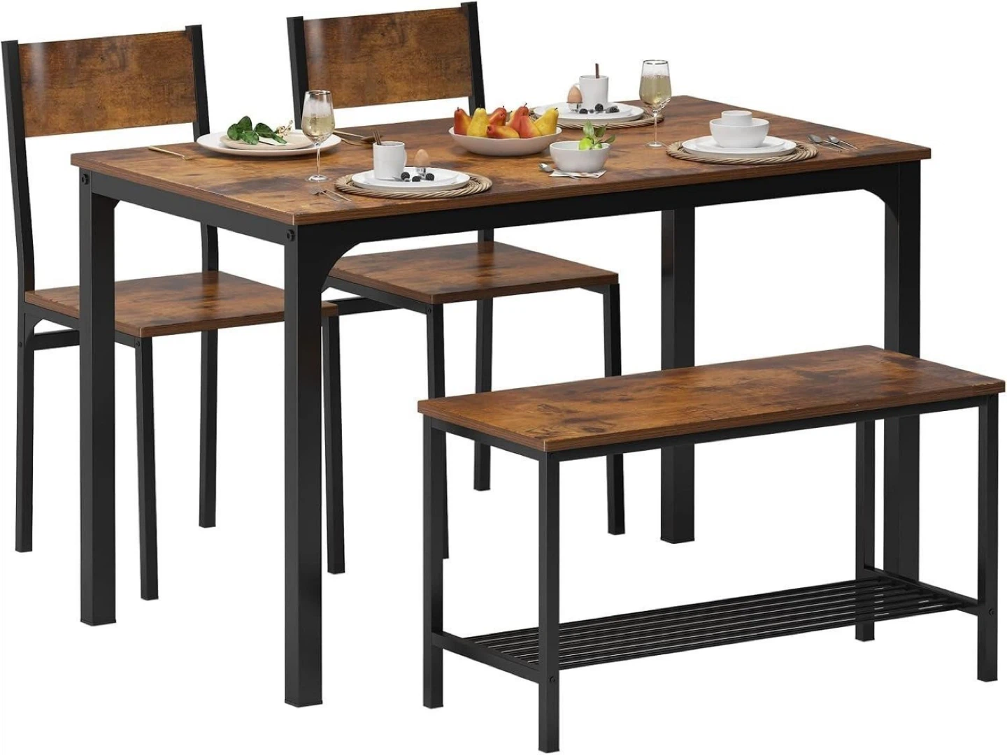 Rustic Wood and Metal Dining Set - Table, 2 Chairs, Bench - photo 2