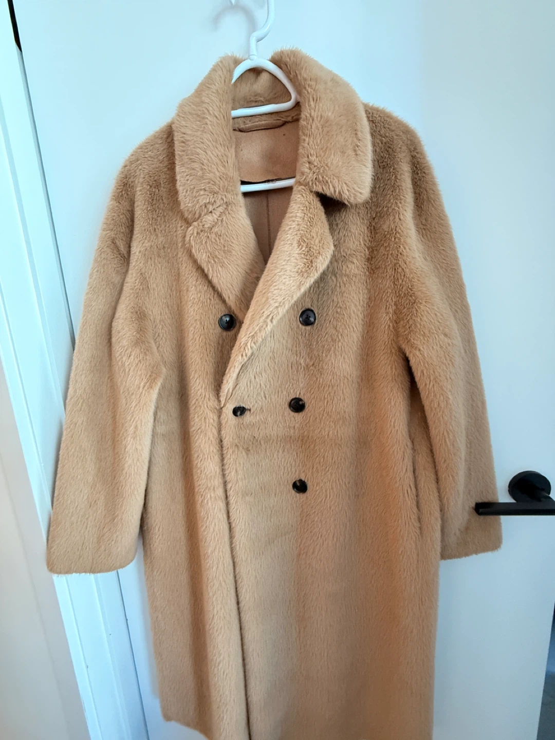 Tan Faux Fur Double-Breasted Maxi Coat