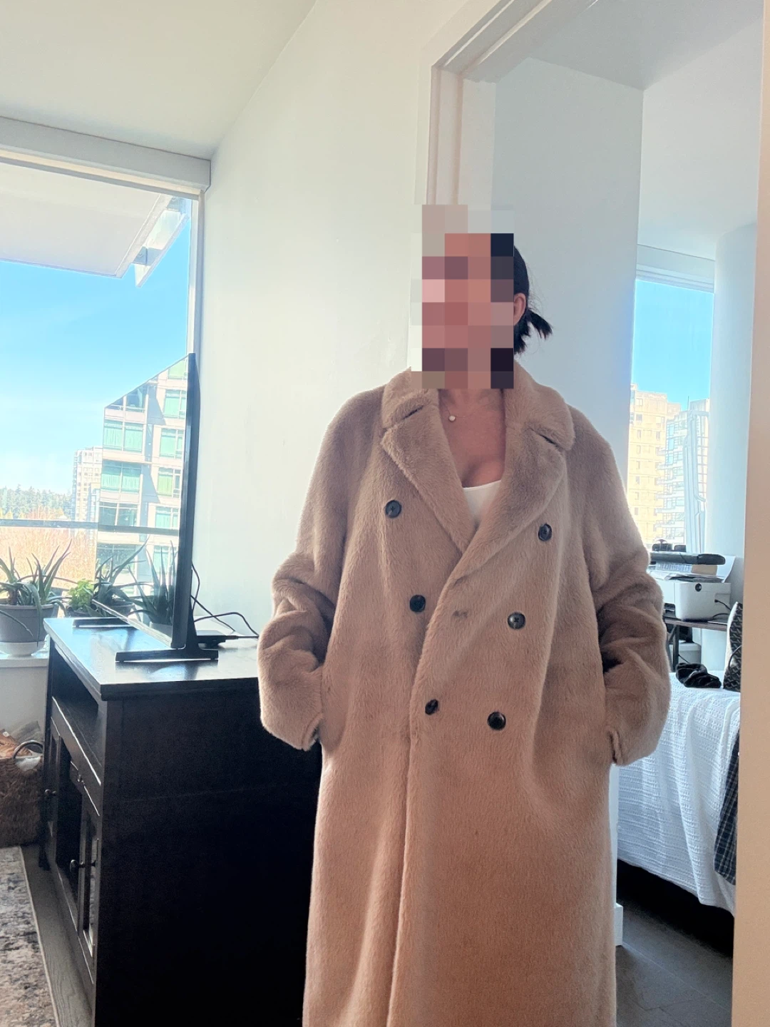Tan Faux Fur Double-Breasted Maxi Coat - photo 4