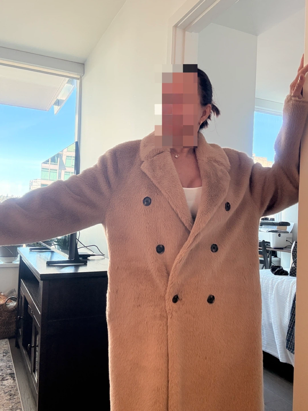 Tan Faux Fur Double-Breasted Maxi Coat - photo 3