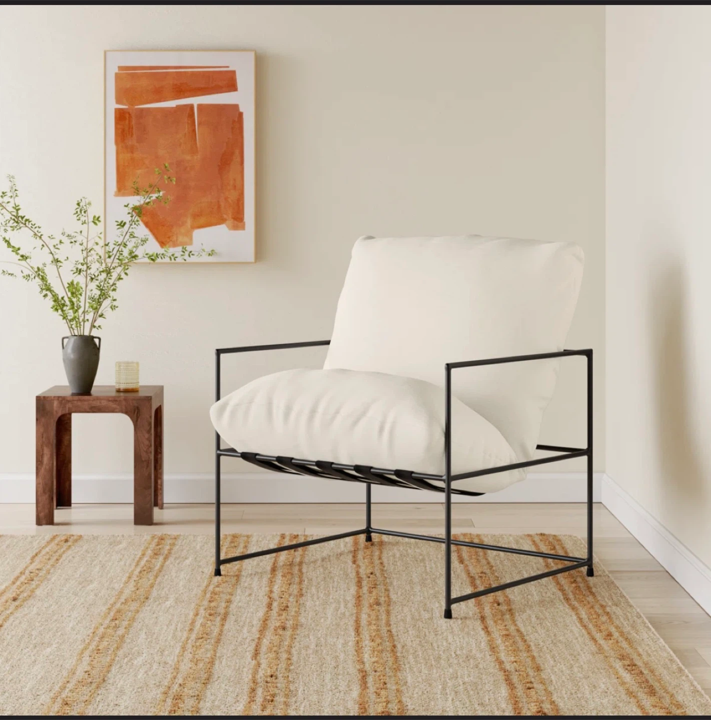 Cream Armchair with Black Metal Frame