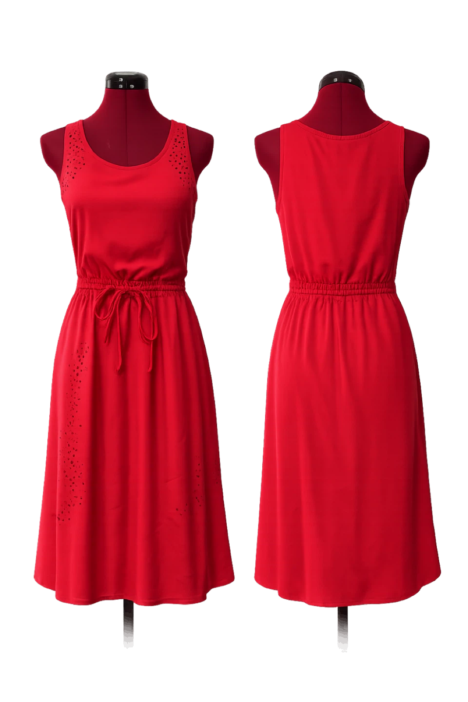 Red Sleeveless Dress with Eyelet Detail and Drawstring Waist