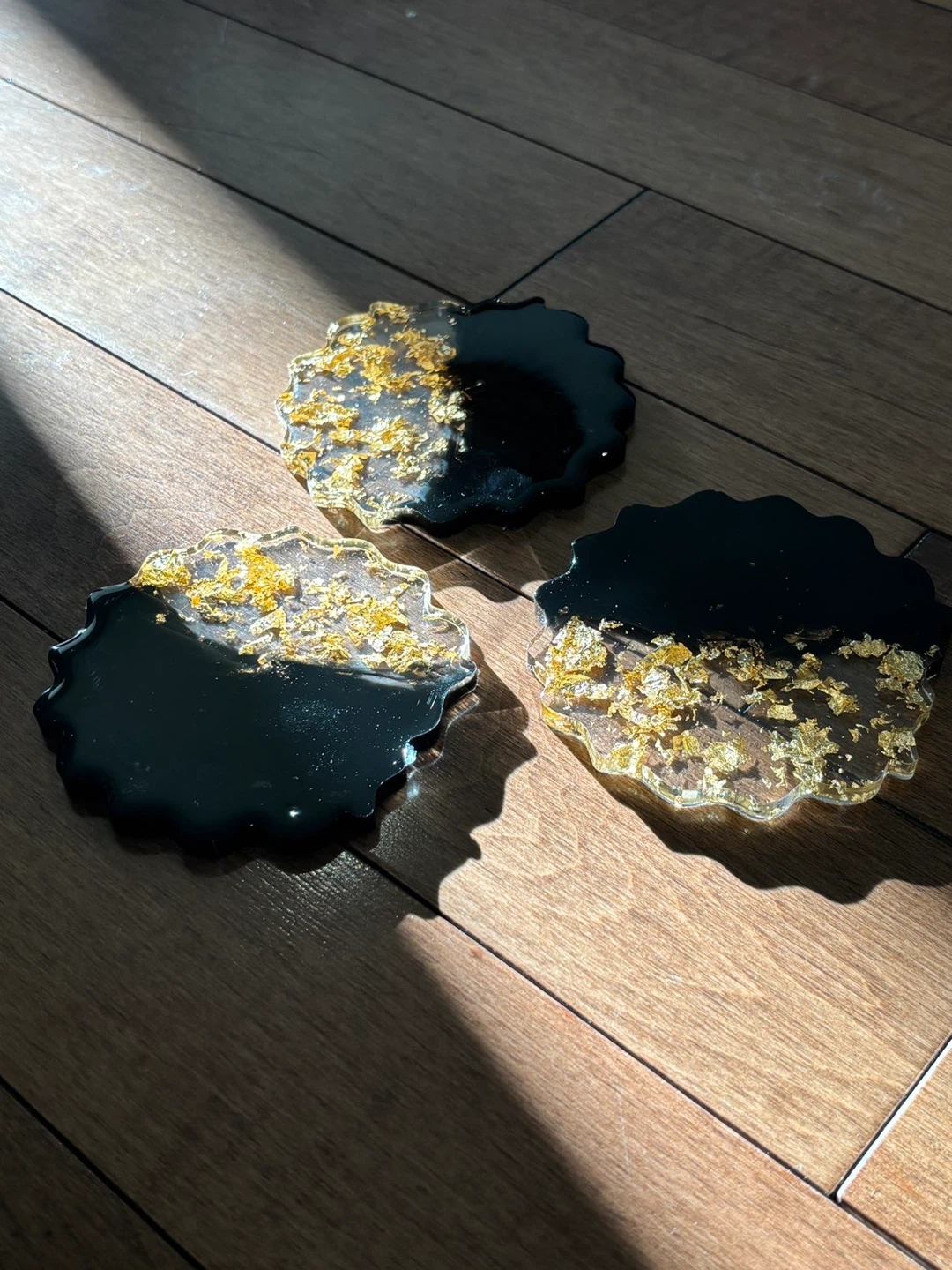 Set of 3 Black and Gold Leaf Coasters