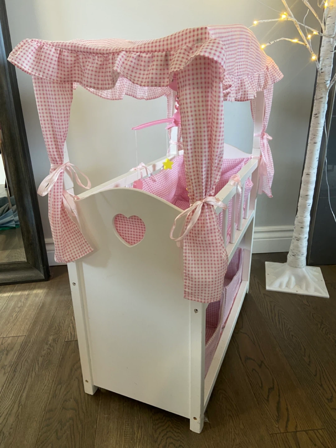 GUC Pink Gingham Wooden Doll Crib with Matching High Chair - photo 5