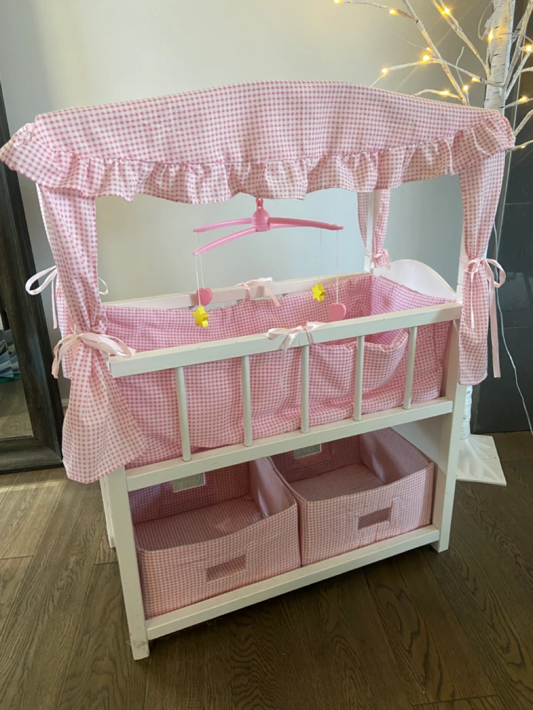 GUC Pink Gingham Wooden Doll Crib with Matching High Chair - photo 4