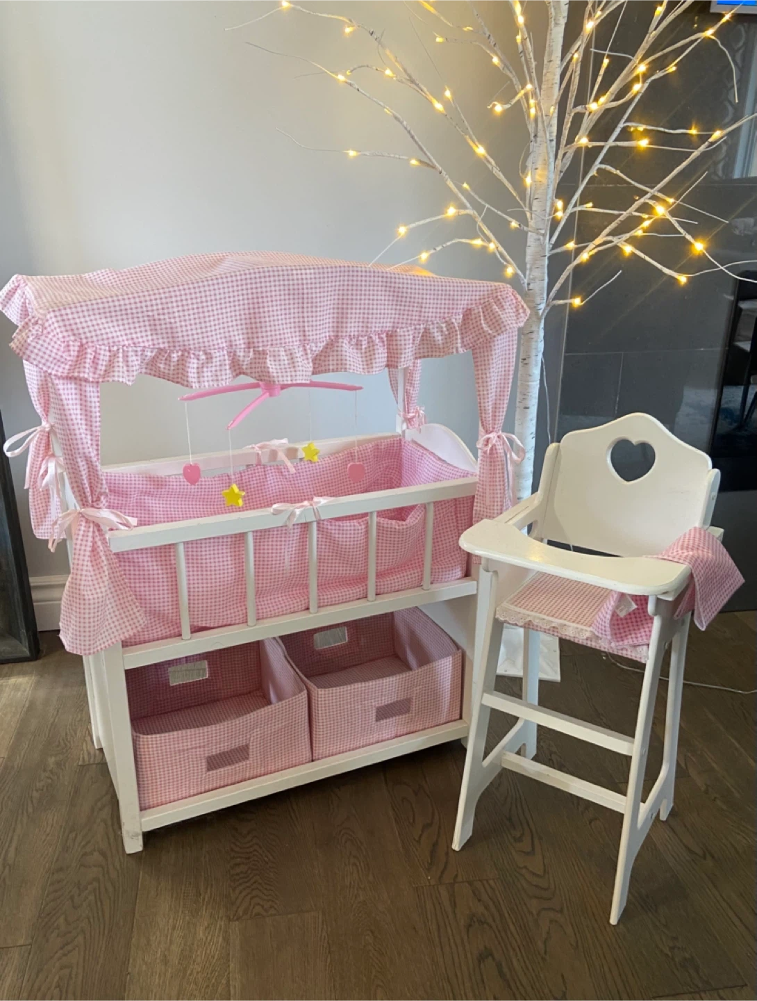 GUC Pink Gingham Wooden Doll Crib with Matching High Chair