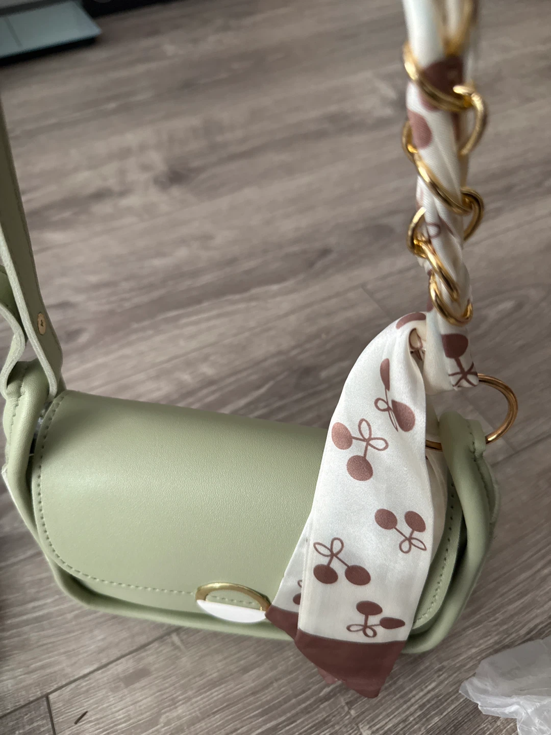 Light Green Shoulder Bag with Cherry Scarf