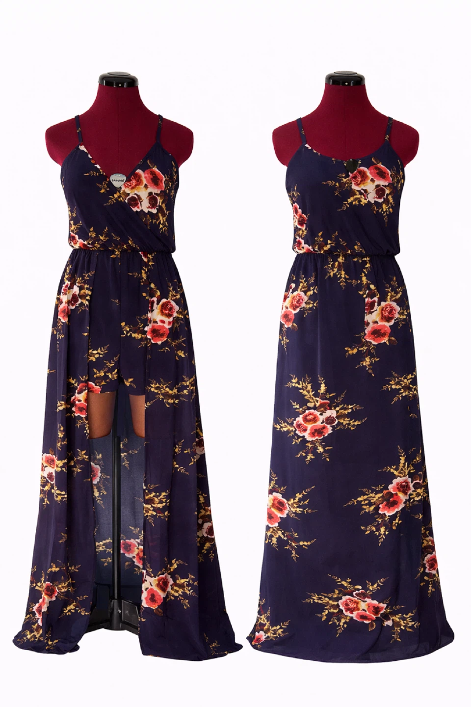 Navy Floral Maxi Dress with Shorts Underlay