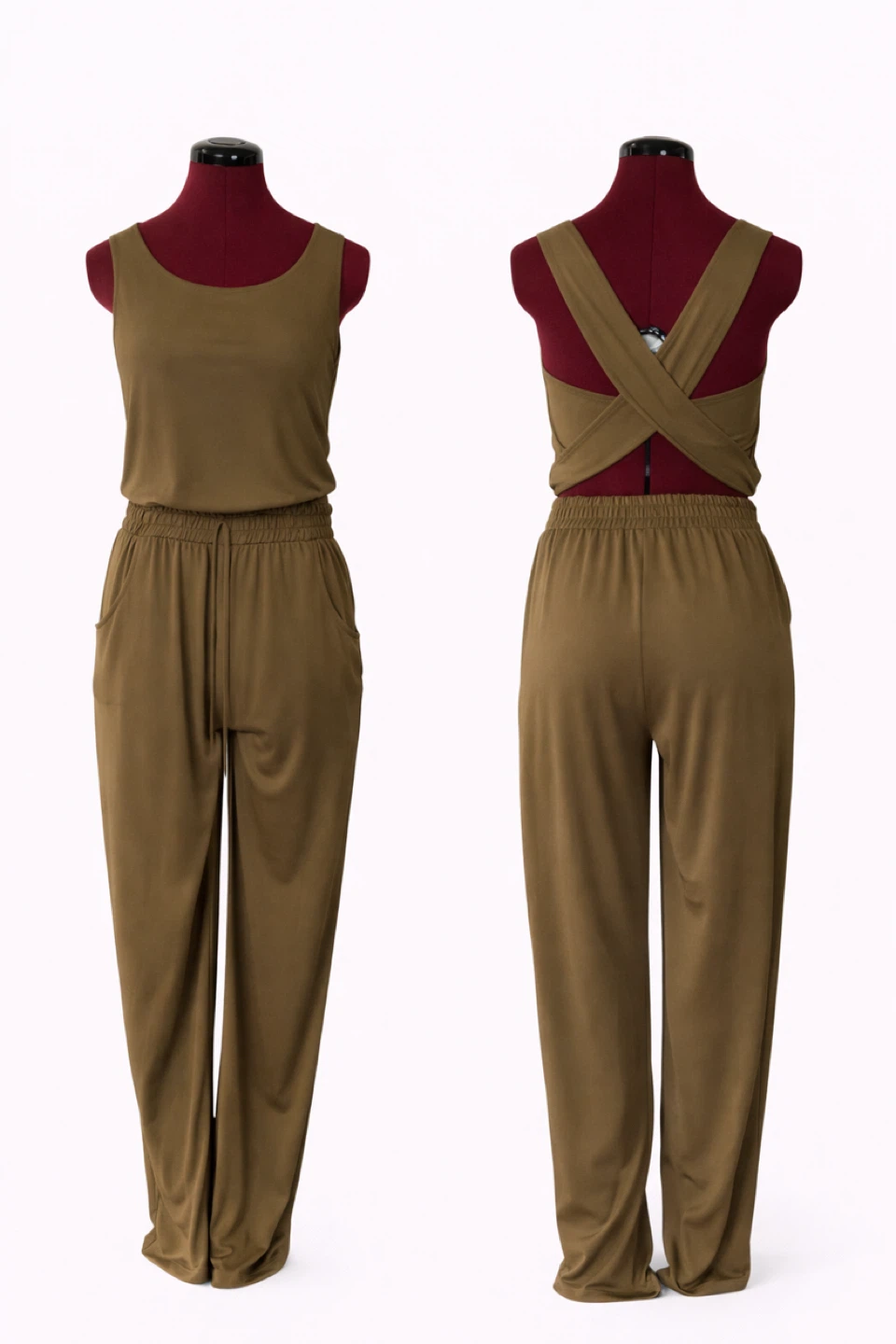 Green Sleeveless Jumpsuit with Cross-Back Detail