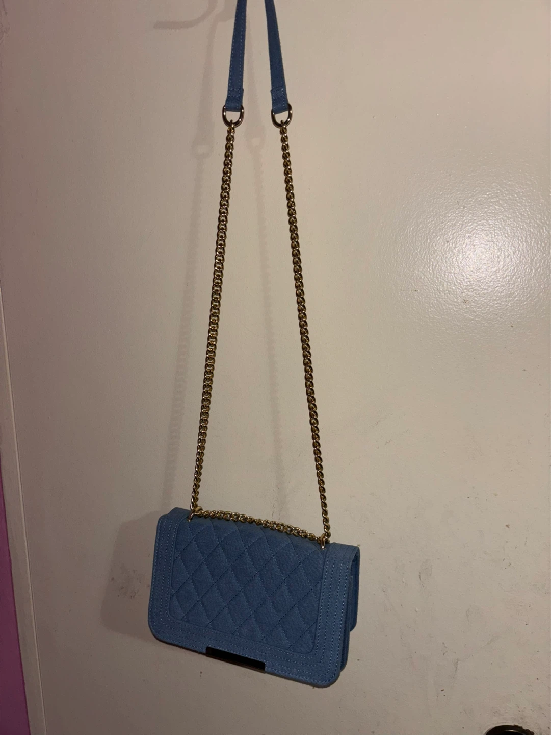 Blue Quilted Crossbody Bag with Gold Chain