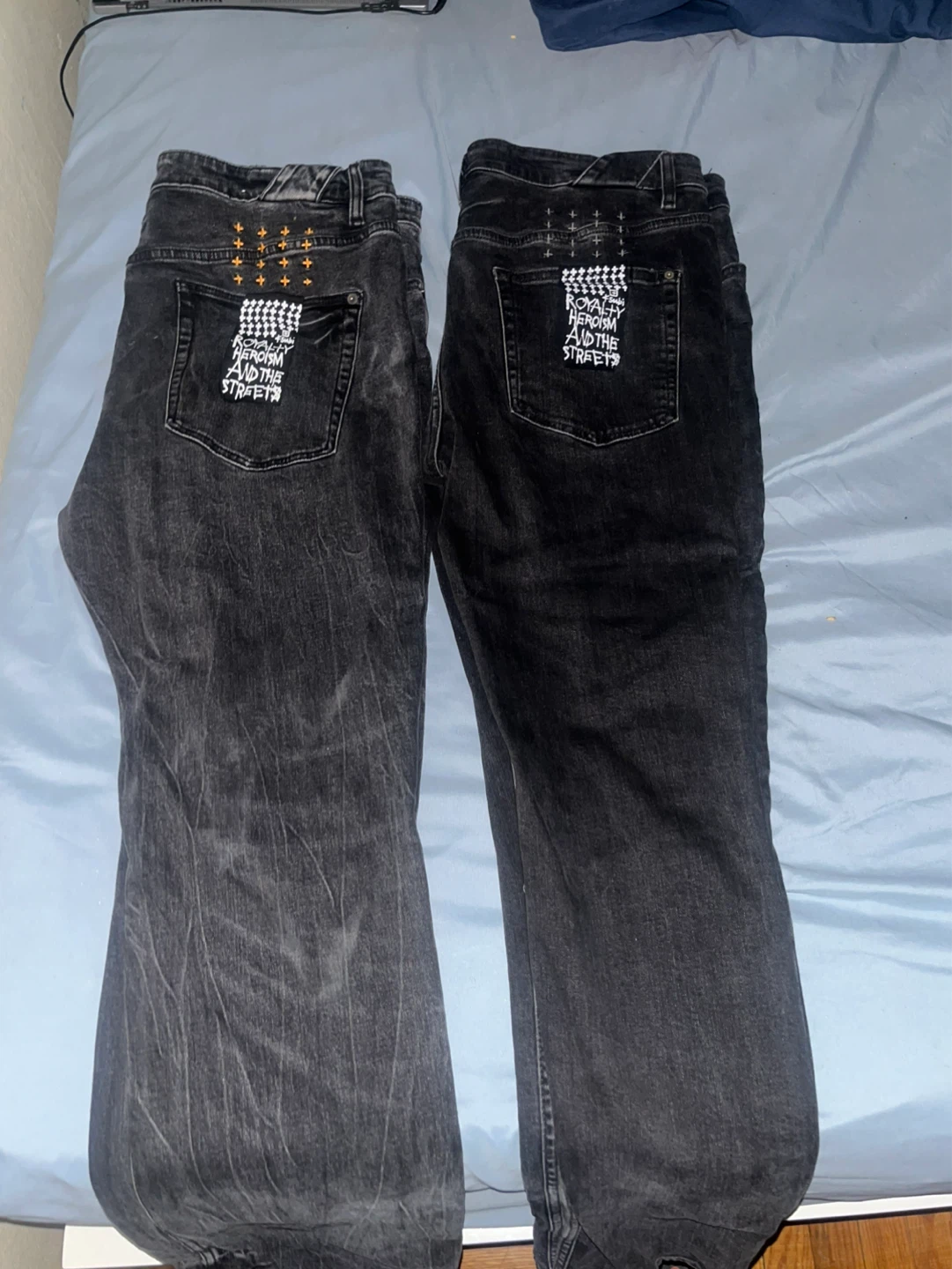 Pair of Black Wash Denim Jeans with Embroidery