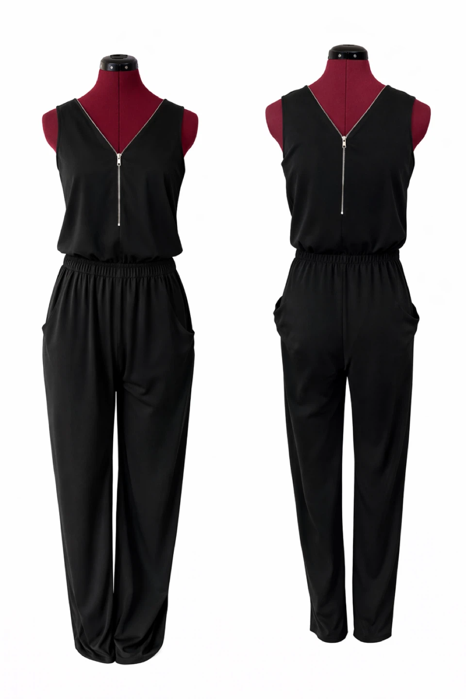Black Sleeveless Zipper Jumpsuit with Pockets