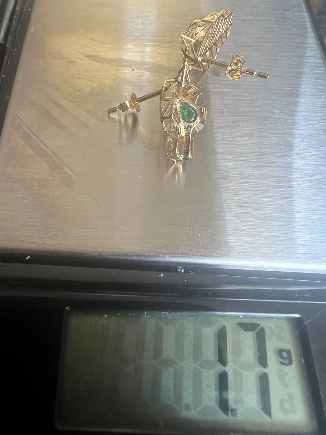 Gold Panther Head Earrings with Green Gemstones - photo 3